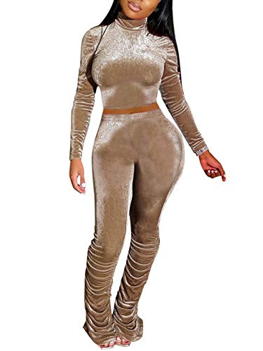 Women's Sexy Long Sleeve Turtleneck Crop Top Stacked Flare Pants 2 Piece Sweatsuit M Khaki
