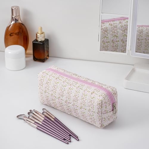 Cute Floral Cotton Makeup Brush Cosmetic Bag for Women, Travel Quilted Zipper Make Up Bag, Flowers Toiletry Organizer Case Kawaii Makeup Cosmetic Travel Cloth Pouch (Pink Floral)3