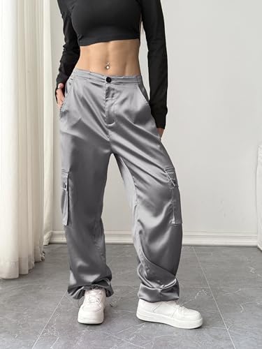 heipeiwa Women's Satin Cargo Pants Wide Leg Straight Multi Pockets High Waisted Baggy Casual Trouser Party Dressy Outfit4