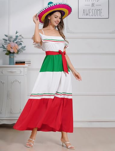ABAFIP Women's Mexican Dresses Traditional Fiesta Off Shoulder Ruffle Strap Stripe Cinco De Mayo Maxi Dress4