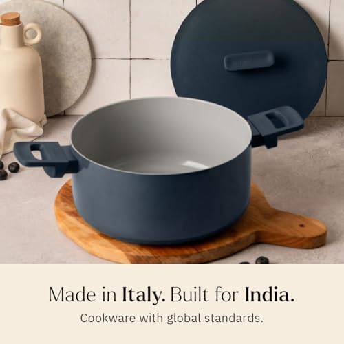 Image of Ember Cookware Arcilla Ceramic Dutch Oven 24 cm, 5L with Metallic Lid | 75% Less Oil Usage | Non Stick Non Toxic Pot | 5-Year Warranty | Ceramic Cookware | Biryani Pot | PFAS & PTFE Free | Blue