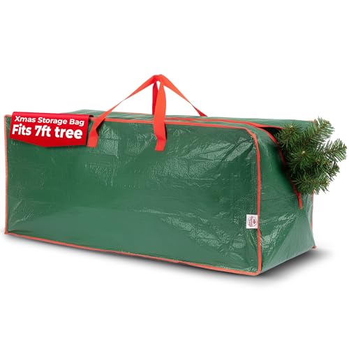 Christmas Village 7ft Christmas Tree Storage Bag - Heavy Duty Christmas Tree Bag with Full Length Double Stitched Zip and Carry Handles (Green, 7ft Xmas Tree Storage Bag)