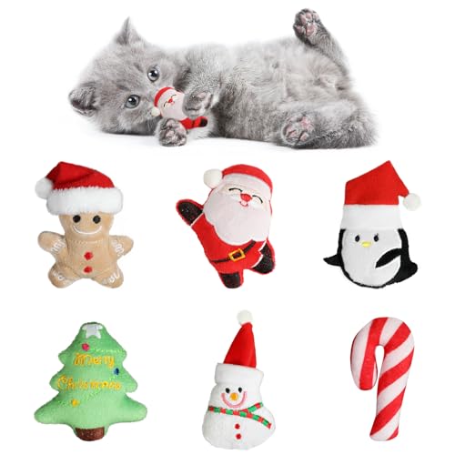FOIMAS 6pcs Christmas Catnip Toys,Xmas Cat Toys Plush Santa Claus Snowman Tree Interactive Chew Bite Toys for Cat Kitten Indoor