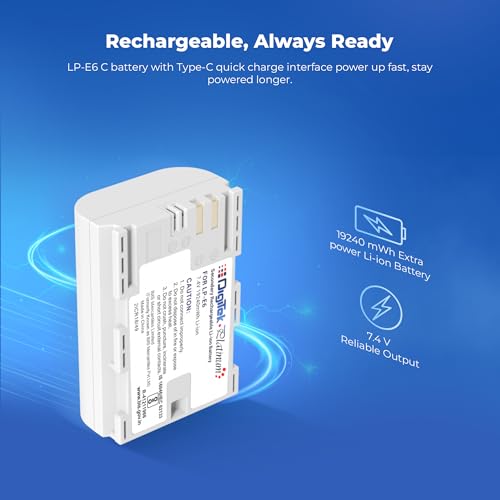 Image of Digitek Platinum (LP-E6 Type C) 3000mAh Power Li-ion Battery for Canon Cameras with Type-C Charging Cable, for Canon XC10, XC15, EOS 60D-90D, 5D Series, 6D Series, 7D Series, and EOS R /RA /R5 /R6 /R7