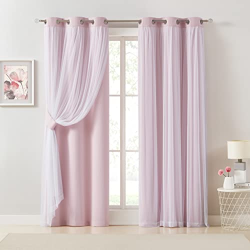 Image of Bujasso Pink Blackout Curtains with Sheer Overlay Mix and Match Double Layer 80% Room Darkening Window Treatment Set for Girls Bedroom Living Room Pink Drapes with Tiebacks Grommet Top 37 inch Wx95 Lx2