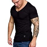 Celucke T Shirts Männer V Ausschnitt Einfarbige Slim Fit T-Shirt Herren Stretch Basic Coole Tee Kurzarmshirt Mann Casual Kurzarm Muskelshirts Moderne Tops (Schwarz,XXL)