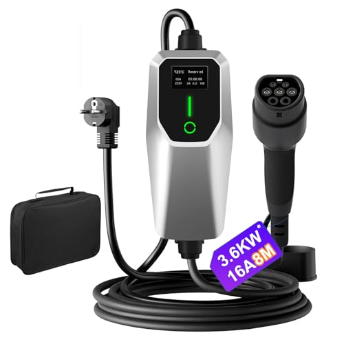Hexinex Cargador EV Tipo 2 Portátil de 3.6KW con Corriente Ajustable de 8A a 16A, Estación de Carga para Vehículos Eléctricos, Compatible con Voltaje Doméstico de 240V, con Pantalla LED, 8 Metros