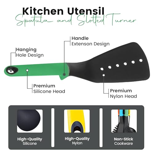 Cucina da cucina con utensili Ohanian Multi colore Set di 6 strumenti di alta qualità su supporto rotante Include cucchiaio mestolo Skimmer Cucchiaio scanalato Turner Forchetta per spaghetti - immagine 5