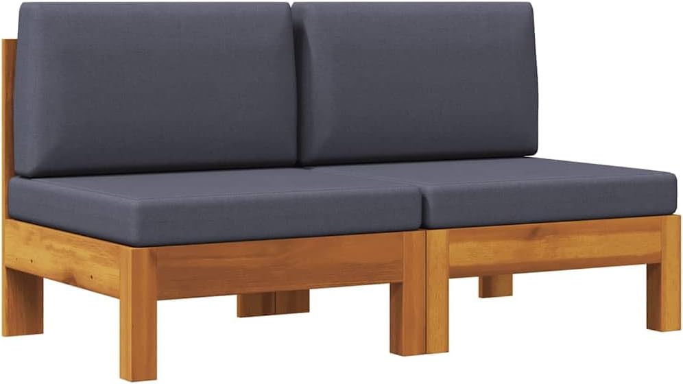 vidaXL Middle Sofa 2 Pcs, Outdoor Chair with Cushions, Wooden Chair, Garden Chair for Lawn Backyard Porch, Rustic, Solid Acacia Wood in Teak Look