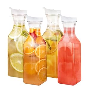 GUSTO [50 oz – 4 Pack] Plastic Carafe with Lid, Large Capacity Square Base – Clear Pitcher with Flip Top Lid, Easy-Pour Spout Juice Containers with Lids, Hand Wash Only – Perfect for Mimosa Bar