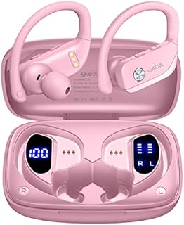 Wireless Earbuds Bluetooth Headphones 48hrs Play Back Sport Earphones with LED Display Over-Ear Buds with Earhooks Built-in Mic Headset for Workout Pink BMANI-VEAT00L