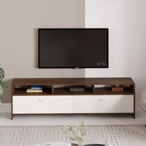 Image of BLUEWUD Mannsae Engineered Wood Floor TV Cabinet /Entertainment Unit /Set Top Box Stand /TV Table Panel with Shelves for Books & Decor Display Unit Living Room Upto 65 Inches - DIY (Brown Maple & White)