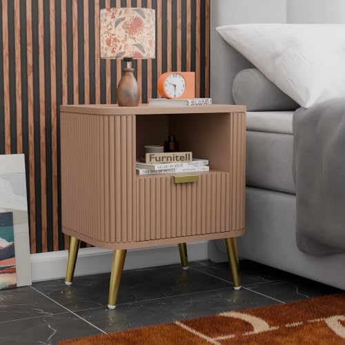 Image of Premium HDMR Wood Bedside Table with 1 Drawer & Open Storage Shelf, Fluted Nightstand with Golden Legs for Bedroom, Modern End Table, for Living Room | Taupe Finish, Set of 2