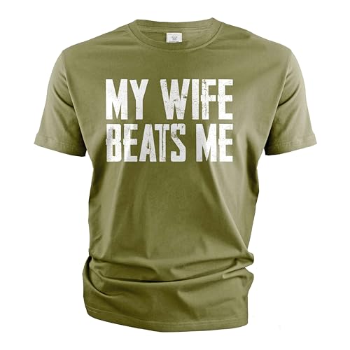 Men's Funny Tee Shirt Husband Birthday Sarcastic My Wife Beats me Humor Tshirt Papa dad T-Shirt...