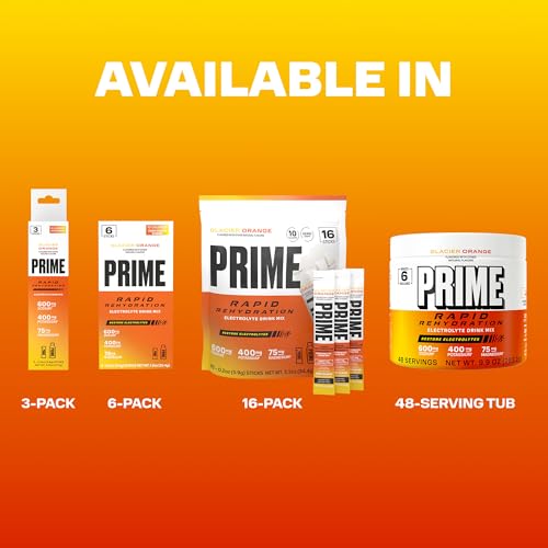 Image of Prime Rapid Rehydration Electrolyte Powder, Glacier Orange, Sugar Free Hydration Drink Mix with Sodium, Potassium, Magnesium & B Vitamins to Replenish Fluids, Caffeine Free, 6 Gallon Tub, 48 SRV