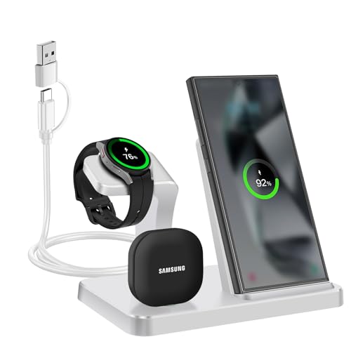 VNBBT Wireless Charger for Samsung,3 in 1 Wireless Charging Station for Samsung Galaxy S25/S24/S23/Z Fold/Flip,Fast Phone Watch Charger Dock Stand for Galaxy Watch Ultra/7/6/5,Galaxy Buds-White