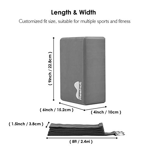 REEHUT Yoga Block 2 Pack and Metal D Ring Yoga Strap 1 Pack Combo Set, 9" x 6" x 4"High Density EVA Foam Block to Support and Deepen Poses, 8FT Yoga Belt for Stretching, General Fitness (Gray) - Thumbnail 6