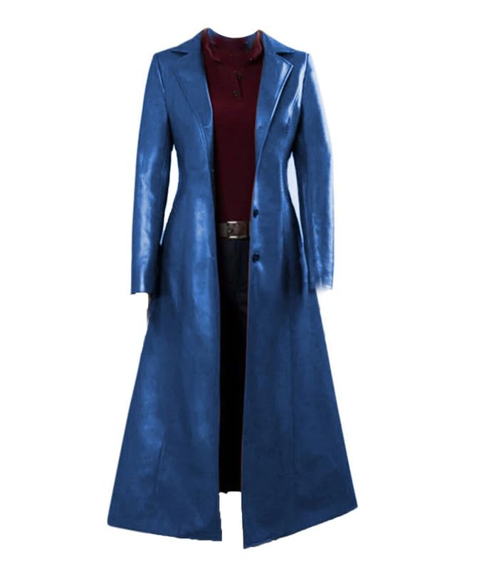 Womens Leather Trench Coat Ladies PU Leather Maxi Coat Lapel Faux Leather Long Trench Coat