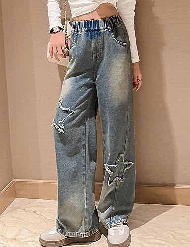NABER Kids Girls Elastic Waist Cool Ripped Jeans Washed Denim Wide Leg Ripped Denim Jean Age 5-15 Years