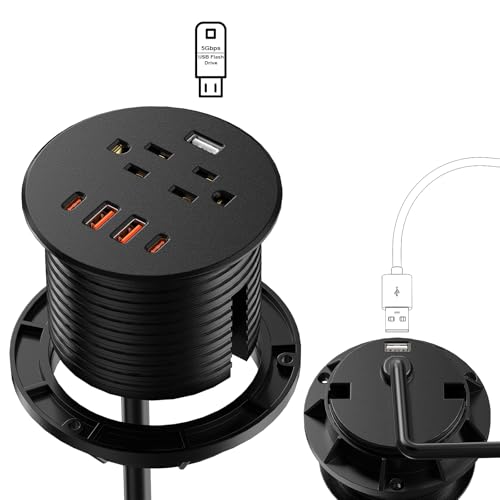 Kungfuking Desktop Power Grommet, Puerto de carga rápida 35W USB C, Multitoma empotrado para orificio de 3 pulgadas, 1 puerto de transferencia de datos, 2 tomas, 4 puertos USB, Multitoma para escritorio (Negro, cable de 1.8 metros) miniatura 1