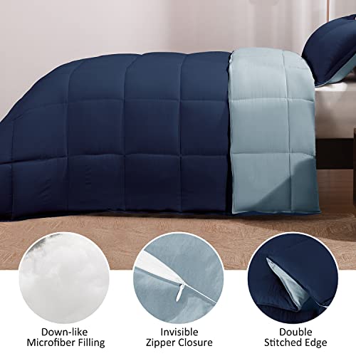 Basic Beyond Queen Size Comforter Set - Reversible Washed Microfiber Navy And Blue Comforter Queen Set - 3 Pieces (1 Comforter + 2 Pillow Shams) #TOP2