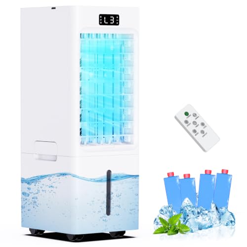 Climatiseur Mobile 4 en 1, Rafraîchisseur d'Air avec Réservoir 6L, 1-12H Minuterie, 3 Vitesses 3 Modes, 4 Pack Glacons,Télécommande, Portable, Silencieux, pour Maison Bureau