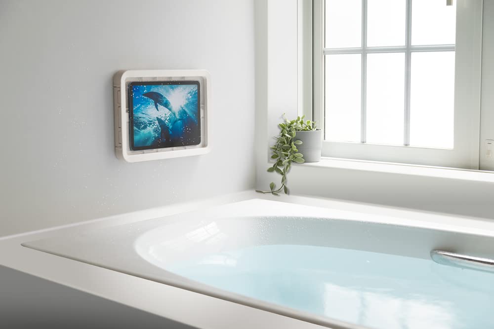 Rhythm 9YY019RH03 Tablet Waterproof Case, Made in Japan, Waterproof, IPX7 Equivalent, Suitable for Bathing, Adjustable Storage, Stand, Wall Mount, Back, Magnet, White, 9.3 x 12.7 x 1.3 inches (23.7 x