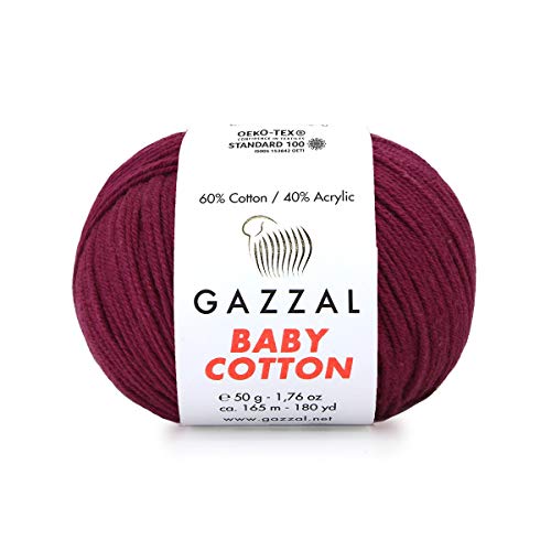 5 Skein (Pack) Total 8.8 Oz. Gazzal Baby Cotton Each 1.76 Oz (50g) / 150 Yrds (165m) Soft, Fine Baby Yarn, 60% Cotton, Claret - 3442 5 Skein (Pack) Total 8.8 Oz. Gazzal Baby Cotton Each 1.76 Oz (50g) / 150 Yrds (165m) Soft, Fine Baby Yarn, 60% Cotton, Claret - 3442