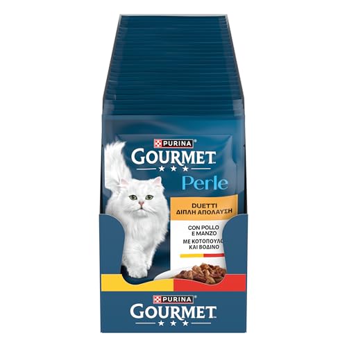 Purina Gourmet Perle Duetti con Carni Cibo Umido per Gatti con Pollo e Manzo, 26 Buste da 85 g