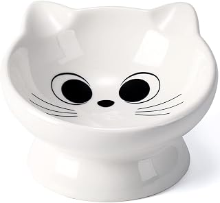 Raised Cat Food Bowl Ceramic 15° Tilted Cat Food Bowls Protect Cat's Spine Anti Vomiting Backflow Prevention Cat Bowls for Adult Cats, Kitten, and Small Dogs, White