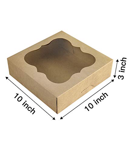 15-Pack 10"x10"x3" Brown Bakery Boxes with PVC Window for Pies and Cookies