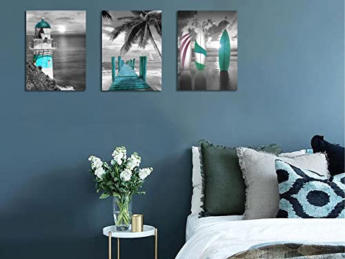 Arjun Teal Canvas Wall Art Summer Ocean Lighthouse Painting Palm Tree Surfboard Pictures Framed 12"X16"X3 Panels, Coastal Beach Tropical Artwork For Bathroom Bedroom Living Room Home Office Wall Decor #TOP2