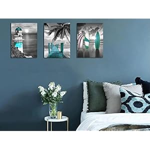 Arjun Teal Canvas Wall Art Ocean Lighthouse Painting Palm Tree Surfboard Pictures Framed 12"x16"x3 Panels, Coastal Beach Theme Tropical Artwork for Bathroom Bedroom Living Room Home Office Wall Decor Arjun Teal Canvas Wall Art Ocean Lighthouse Painting Palm Tree Surfboard Pictures Framed 12x16x3 Panels Coastal Beach Theme Tropical Artwork for Bathroom Bedroom Living Room Home Office Wall Decor