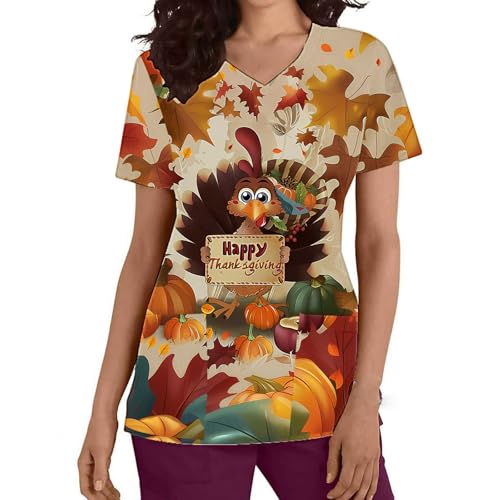 Thanksgiving Scrub Tops for Women with Pockets Turkeys Short Sleeve Nurse Working Uniforms Shirts V Neck Blouse Tees