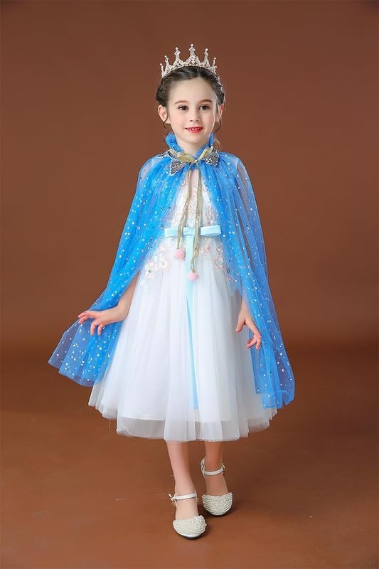 Image of Princess Cape for Girls - Colorful Sequin Cloak with Crown and Wand for Birthday, Halloween, Fancy Dress & Carnival