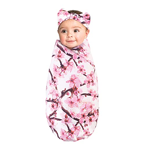 Image of Touched by Nature Unisex Baby Organic Cotton Swaddle Blanket and Headband or Cap, Cherry Blossom, One Size