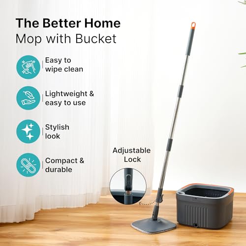 Image of The Better Home 360 Flat Mop Set | Bucket Mop with Wringer System | Stainless Steel Handle Floor Cleaning Mop | Microfiber Pad for Tiles Wooden Floor Kitchen Bathroom Cleaning | Easy Squeeze