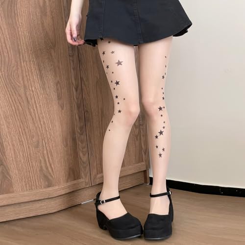 Women Aesthetic Star Cat Printed Sheer Silk Tights Stockings Japanese Girl Thin See Through Pantyhose Leggings3