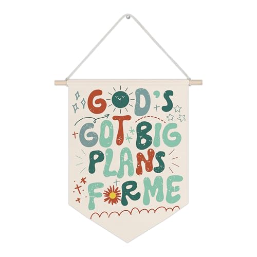 WUCHJ Boho Christian Nursery Canvas Wall Banners, God's Got Big Plans for Me Hanging Display Pennant Flags, Inspirational Bible Verses Wall Decor for Kids Toddler Nursery Bedroom Playroom 11x14 Inch