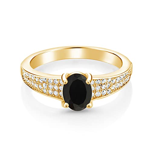 Gem Stone King 18K Yellow Gold Plated Silver Black Onyx Engagement Ring For Women (2.08 Cttw, Oval 8X6MM, Gemstone December Birthstone, Available In Size 5, 6, 7, 8, 9)