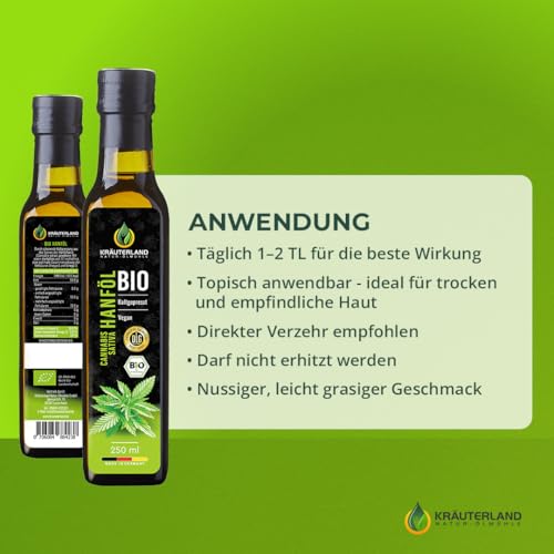 Kräuterland Bio Hanföl 2X250ml (500ml), kaltgepresstes Hanfsamenöl, naturrein ohne Zusatzstoffe, Vegan & GVO-frei, geeignet für Haut & Haare, Premium Qualität