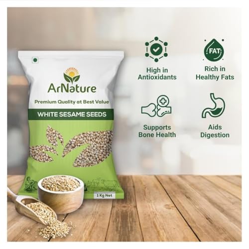 Image of ArNature Raw White Sesame Seeds 1Kg White Til /Gingelly 100% Clean and Natural | Safed Till Seeds for Eating | Everyday Essentials Indian Spices | Non - GMO | Antioxidant rich