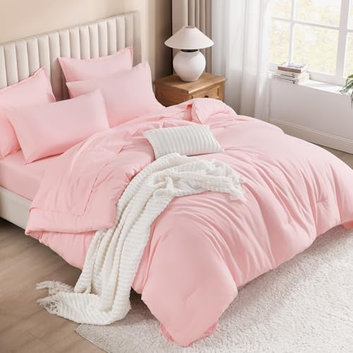 Litanika Twin/Twin XL Size Comforter Sets Pink - 5 Pieces Bed in a Bag Twin/Twin XL Bedding Comforter Sets, Solid Lightweight Bed Set with Comforter, Sheets, Pillowcase & Sham