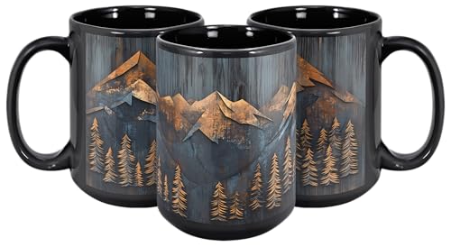 Taza de cerámica negra 15 oz diseño montaña y bosque miniatura 2