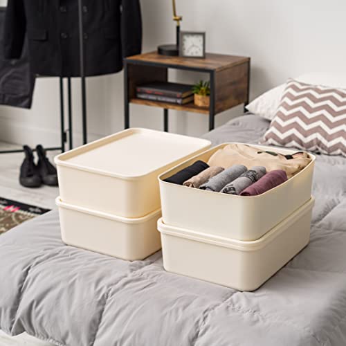 Iris Usa Plastic Modular Basket Bin & Lid, Medium, 4-Pack, Stackable Lidded Storage Organizer Bins For-Kitchen-Bathroom And Bedroom, Off White #TOP5