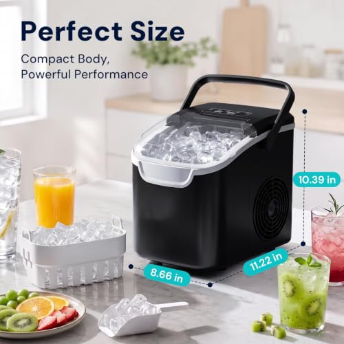 Image of Kismile Countertop Ice Maker Machine, 26Lbs /Day Fastest 6‑Min Ice, Black | 8 bullet ice in 6min, 2 sizes, energy-saving, portable mini, with handle,basket,scoop. Home /bar /RV /camping /office