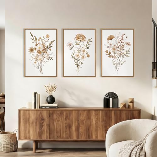 Image of KAIRNE Neutral Boho Floral Framed Canvas Wall Art Set, Vintage Botanical FlowerWall Decor, Minimalist Wildflower Art Prints, Modern Beige Artwork for Living Room, Bedroom, Farmhouse, Office-24 x36 x3