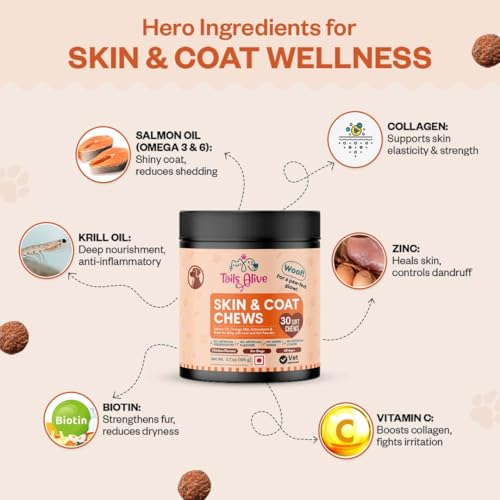Image of Omega 3 & 6, Salmon Oil Skin & Coat Supplement for Dogs - with Krill Oil, Biotin, Collagen & Zinc | Promotes Shiny, Healthy Coat | 30 Soft Chews