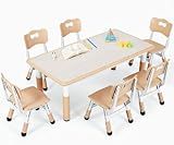 Clevich Children's Table with 6 Chairs, Children's Table and Chair Set for Kindergarten and Children's Room, Height-Adjustable Children's Table Group, Plastic Children's Furniture