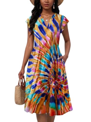 Image of Womens Summer Dress Ruffle Sleeve V Neck Midi Dresses Casual Fit Flowy Tiered Boho Beach Vacation Sundress
